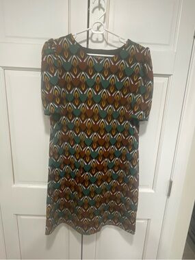 52Seven Teal, Brown & Mustard Geometric Mini Dress